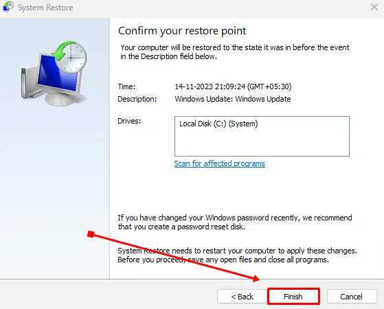 Haga clic en Finalizar después de confirmar su punto de restauración.