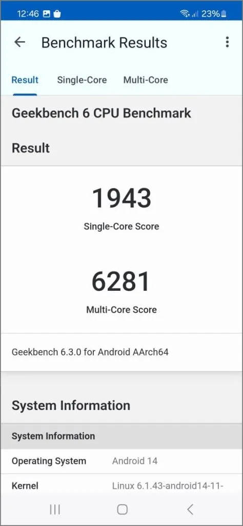 Geekbench 6-resultater på Galaxy S24 i lav ydeevne-profil