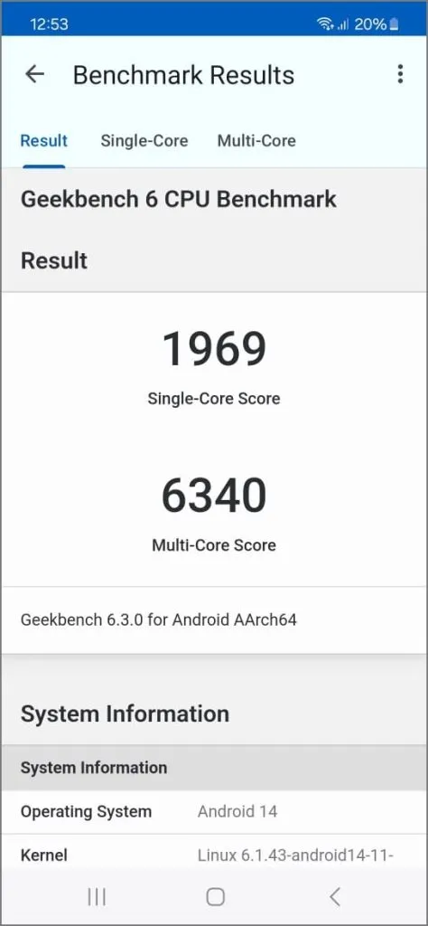 Результаты Geekbench 6 на Galaxy S24 в стандартном профиле