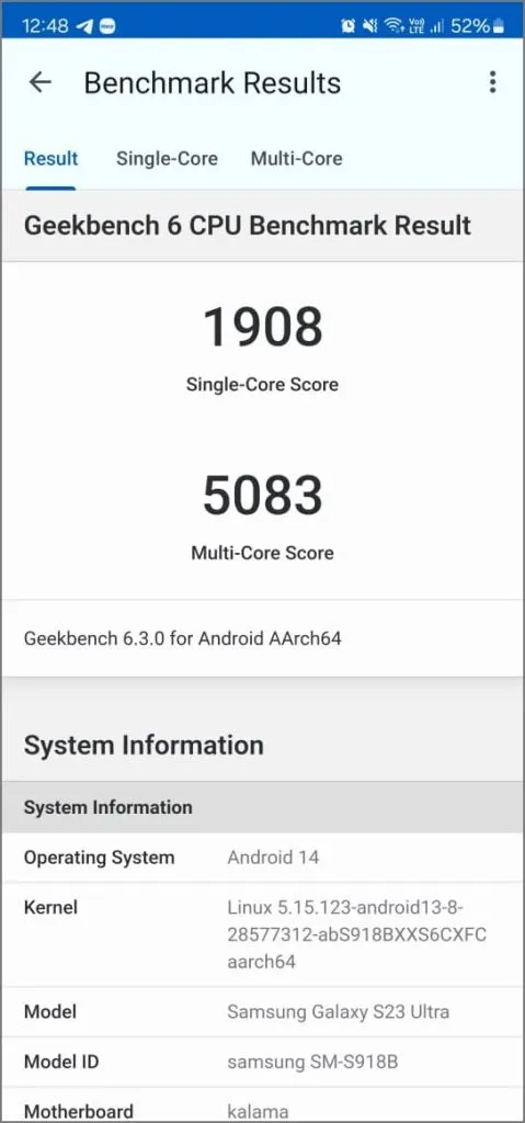 Geekbench 6 resultater på Galaxy S23 Ultra i standardprofil