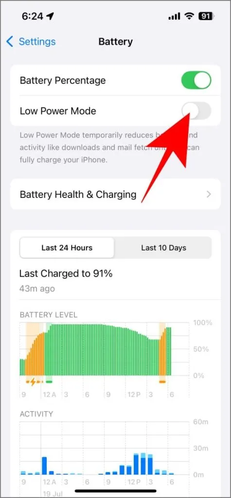 Mode faible consommation dans les paramètres de la batterie de l'iPhone