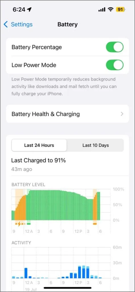 Zema enerģijas patēriņa režīms iPhone akumulatora iestatījumos