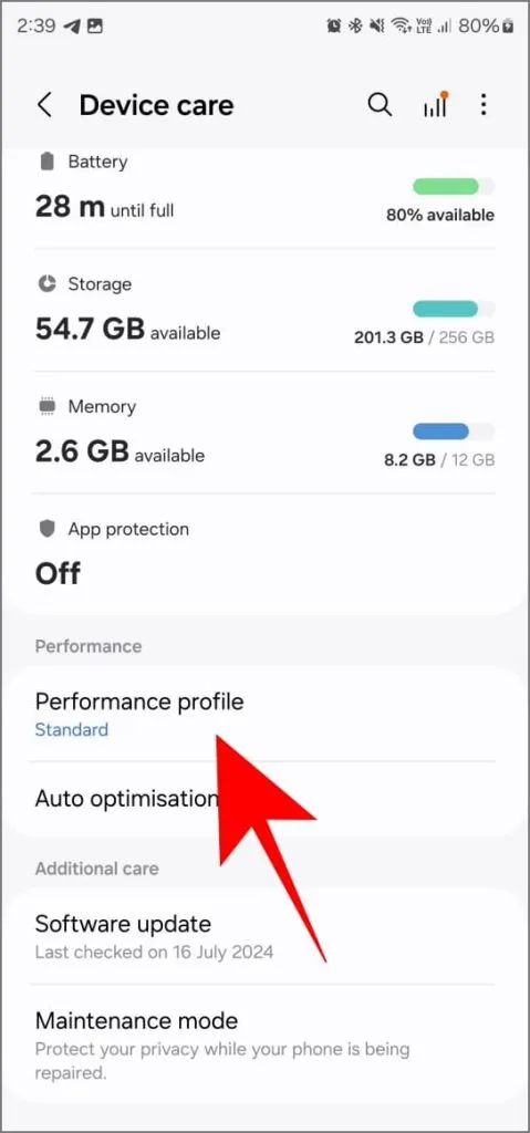 OneUI 6.1 を実行している Samsung Galaxy S23 Ultra のパフォーマンス プロファイル設定