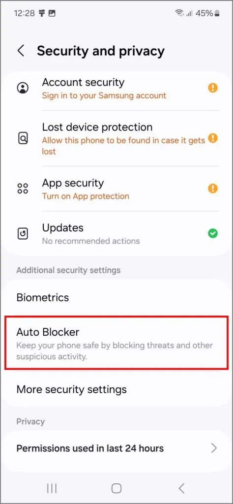 Configuración del bloqueador automático en Samsung Galaxy S24 con OneUI 6.1