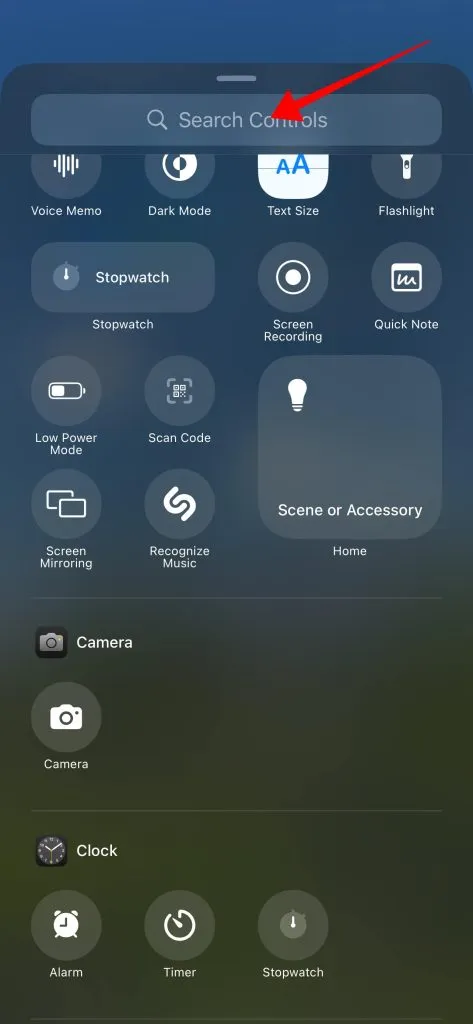 Search box to look for specific controls and shortcuts to add in the Control Center.