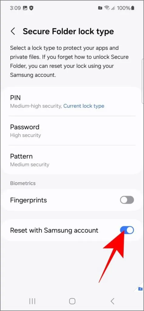 삼성 갤럭시 폰의 보안 폴더에서 삼성 계정으로 재설정 비활성화