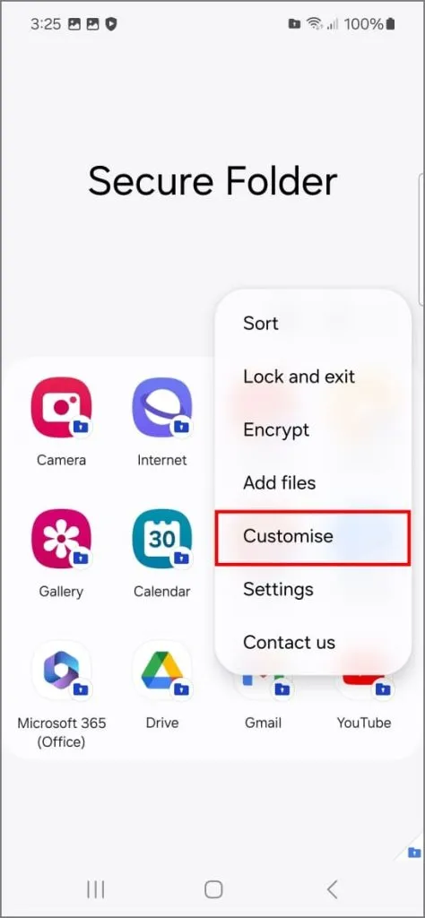 삼성 갤럭시 폰의 보안 폴더에서 사용자 정의 옵션