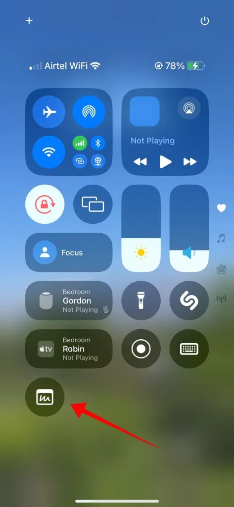 Added control or shortcut appears on the Favorites or other page of Control Center.