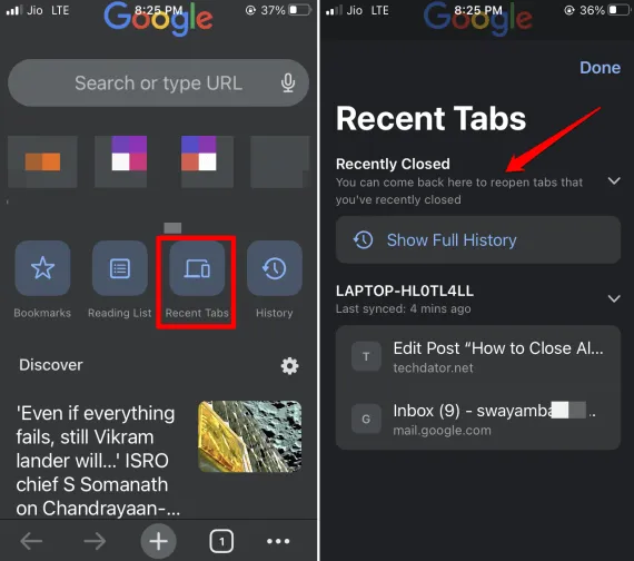 open onlangs gesloten tabbladen op Chrome voor iOS