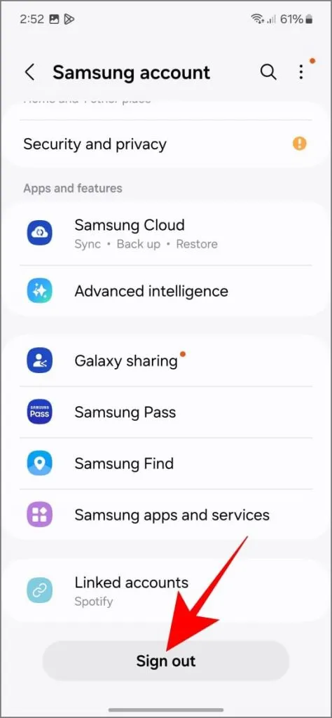 Samsung Galaxy電話のSamsungアカウント設定のサインアウトオプション