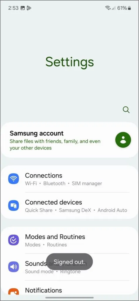 Samsung Galaxy スマートフォンの Samsung アカウントからサインアウトしました