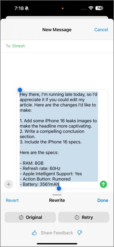 Reformulando la oración en iPhone