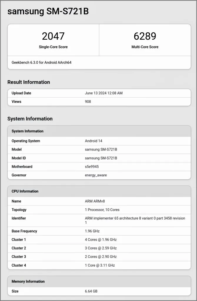 Samsung Galaxy S24 FE Geekbench Score