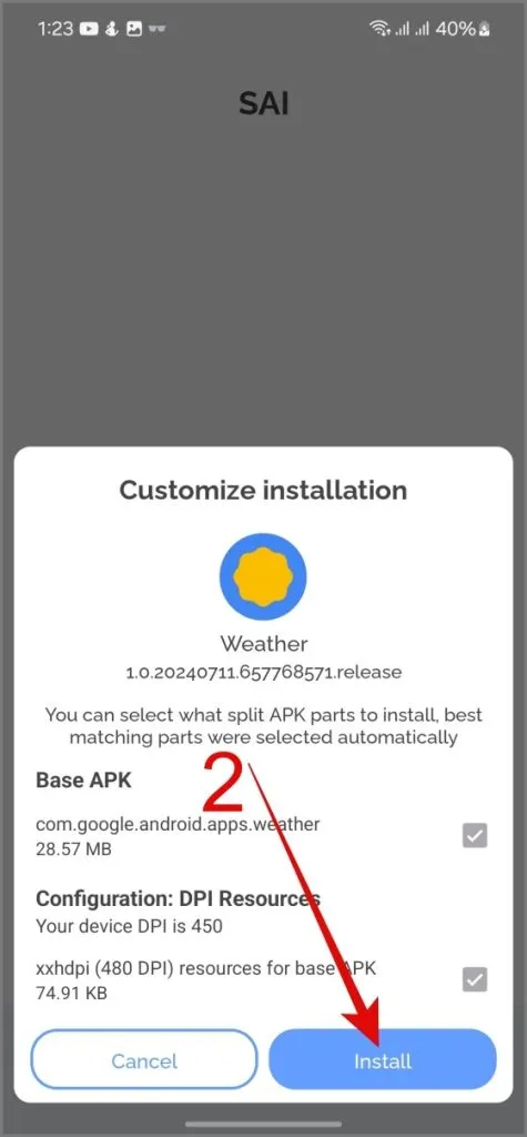 Tryk på knappen Installer for Pixel Weather