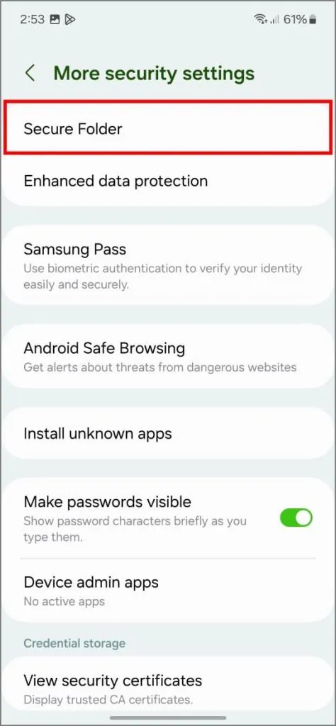 Защищенная папка на телефоне Samsung Galaxy