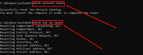 Utilisez ces commandes pour réinitialiser le catalogue Winsock