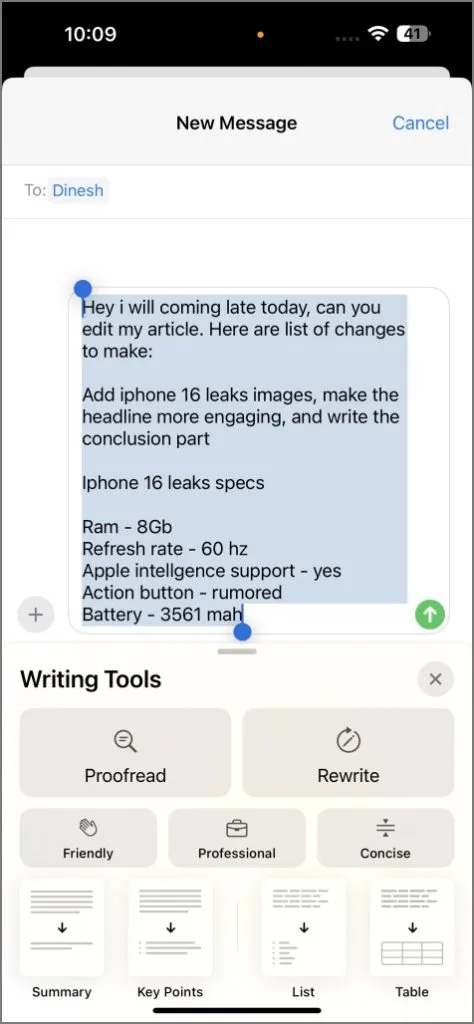 Auf dem iPhone festgelegte Funktionen des Schreibtools