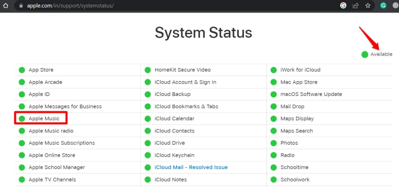 status systemu apple music