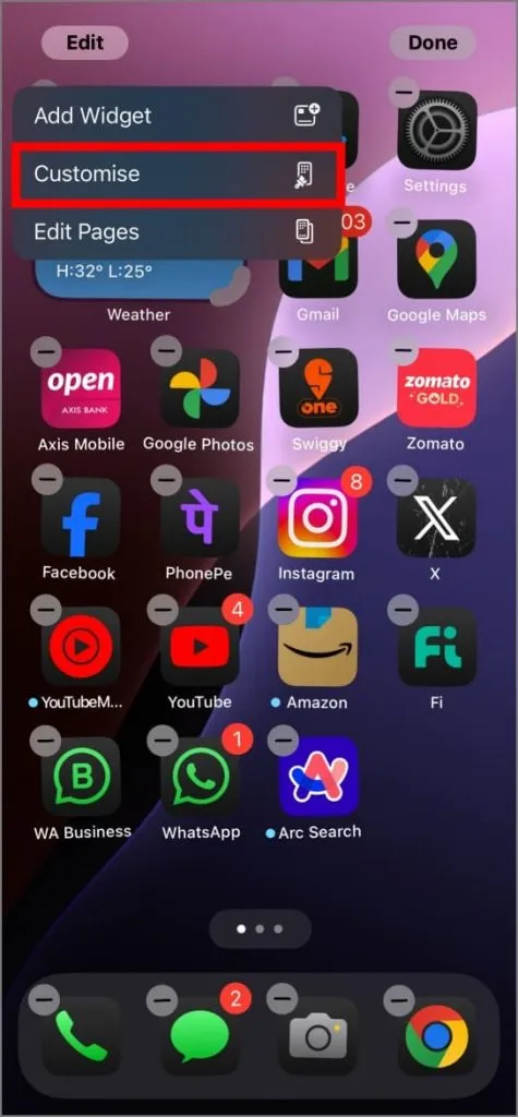 Opción Personalizar la pantalla de inicio en iOS 18