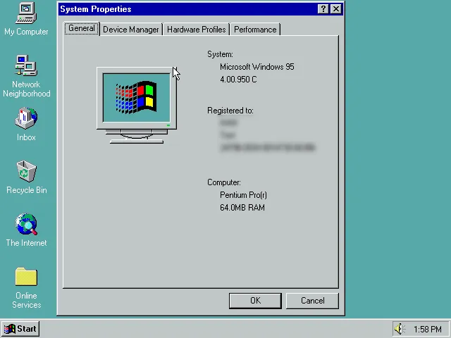 Свойства Windows 95