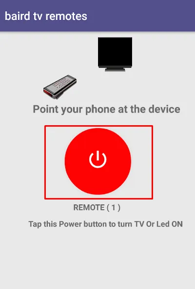 Aplikacja Baird TV Remote – dotknij przycisku zasilania
