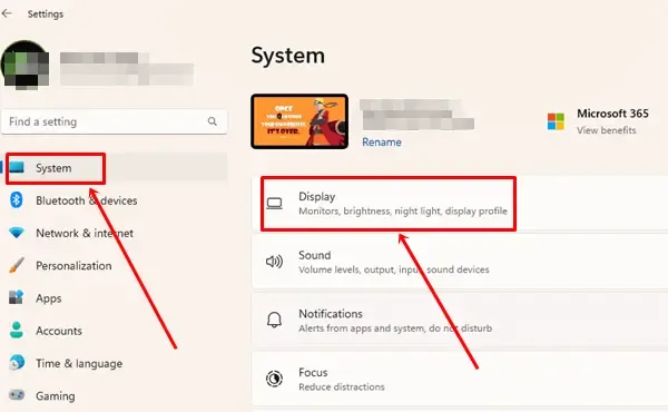 Fare clic sull'opzione di sistema, quindi selezionare Visualizza