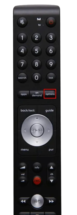 Cliquez sur le bouton Options pour programmer la télécommande Bell sur le téléviseur