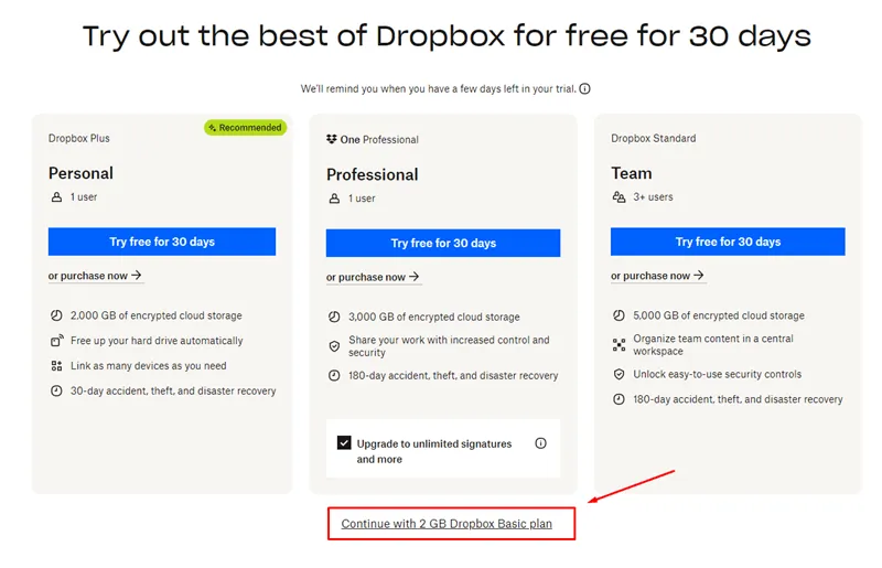 Продолжить с 2 ГБ Dropbox Basic Plan