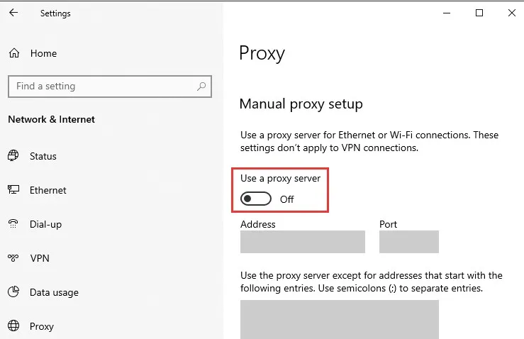 Disabilitare il server proxy