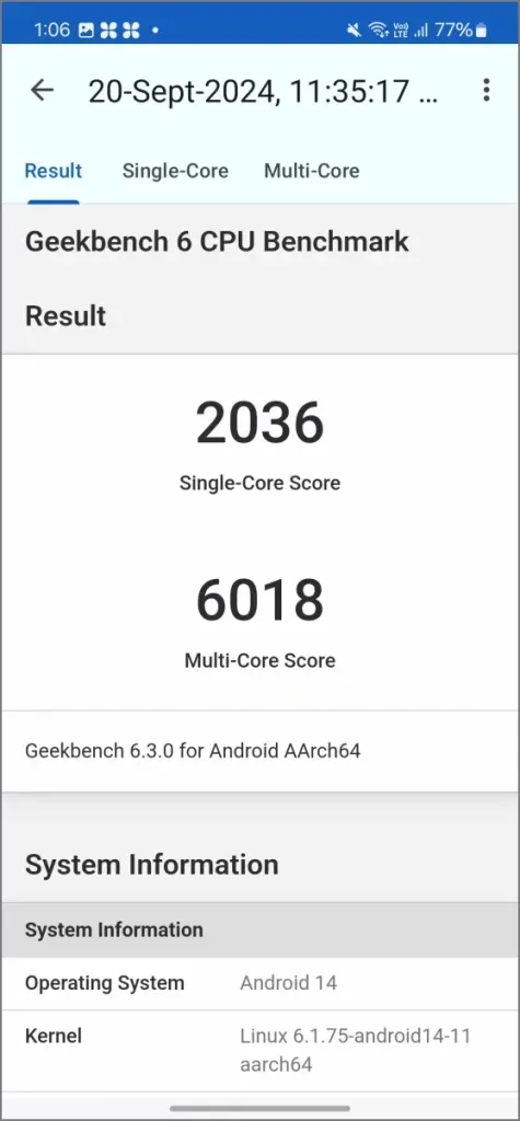 Geekbench 6 CPU - Samsung Galaxy S24