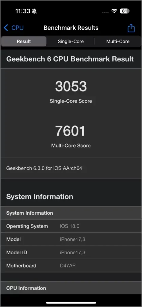 Процесор Geekbench 6 - iPhone 16