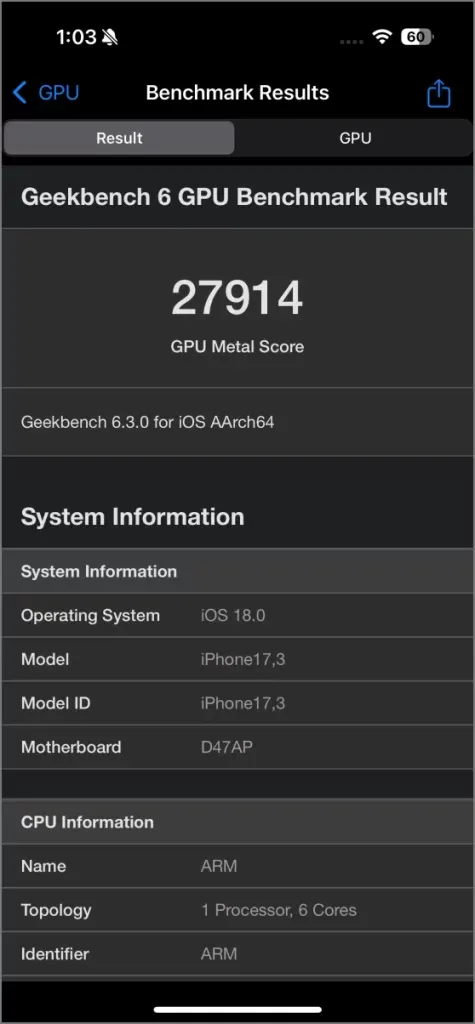 Geekbench 6 GPU - iPhone 16