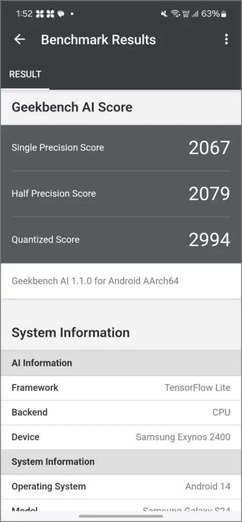 Geekbench AI - ЦП - Galaxy S24