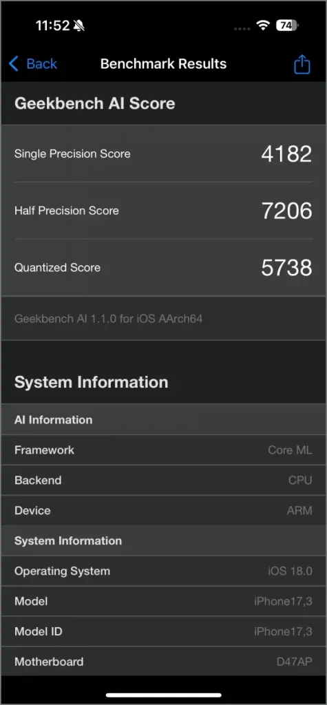 Geekbench AI - CPU - iPhone 16