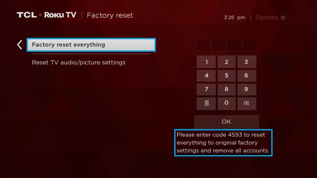 Slik tilbakestiller du Roku TV uten fjernkontroll - Trykk på Factory Reset Everything