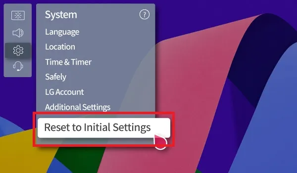 리모컨 없이 LG TV를 재시작하는 방법 - 초기 설정으로 재설정을 탭합니다.