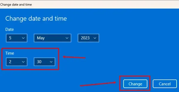Tagad iestatiet vēlamo laiku un noklikšķiniet uz pogas Mainīt