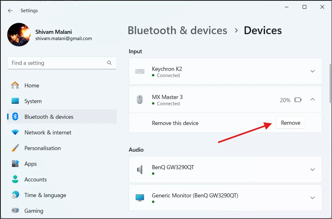 Bluetooth設定からMXマスターマウスを削除する