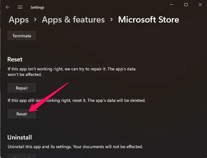 Resetujte Microsoft Store