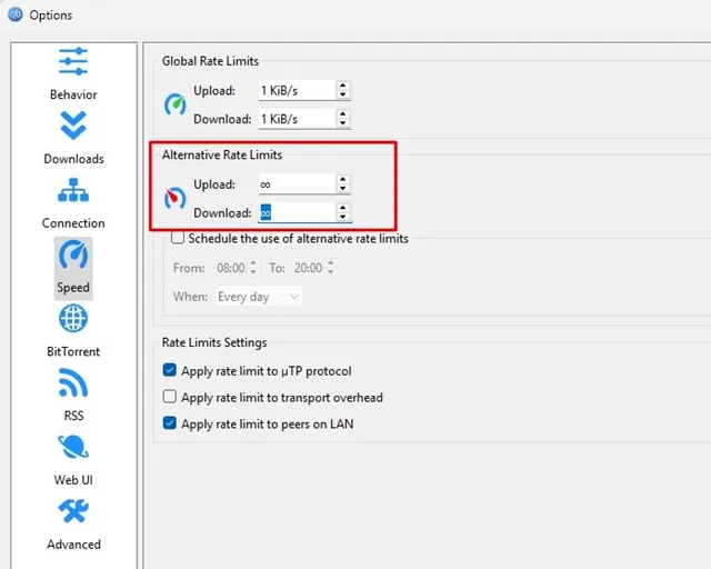 Limites de taxa de upload e download alternativos