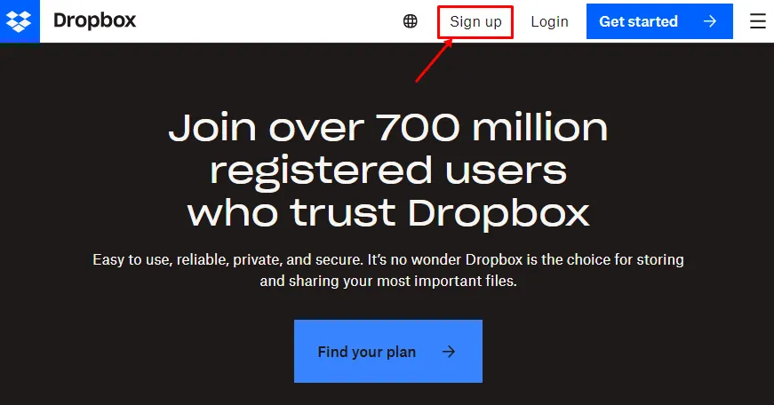 Страница регистрации Dropbox