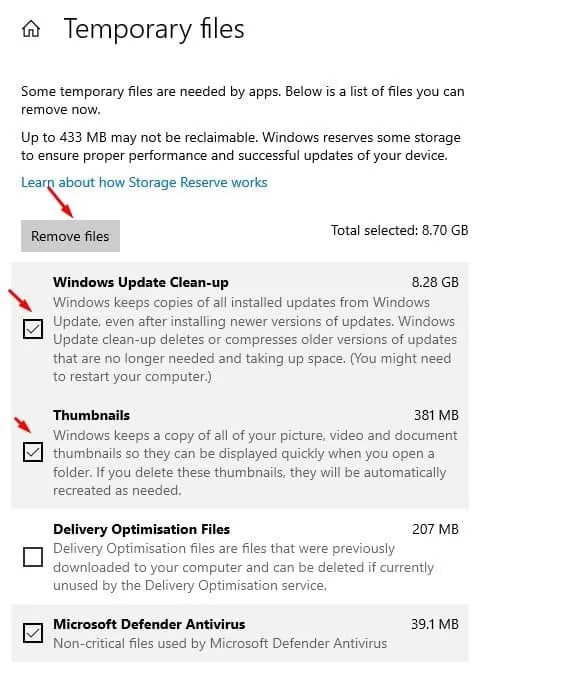 sélectionnez les types de fichiers et cliquez sur le bouton « Supprimer maintenant »