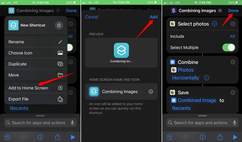 iPhone에서 두 장의 사진을 결합하는 단축키를 홈 화면에 추가합니다.
