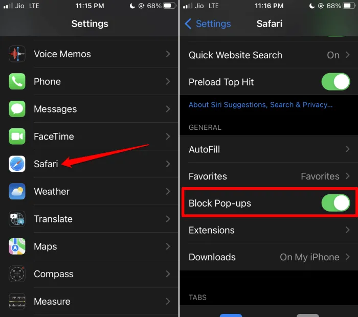 bloccare i pop-up sul browser Safari di iPhone