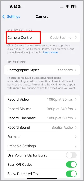 Kamerasteuerungseinstellungen auf dem iPhone 16