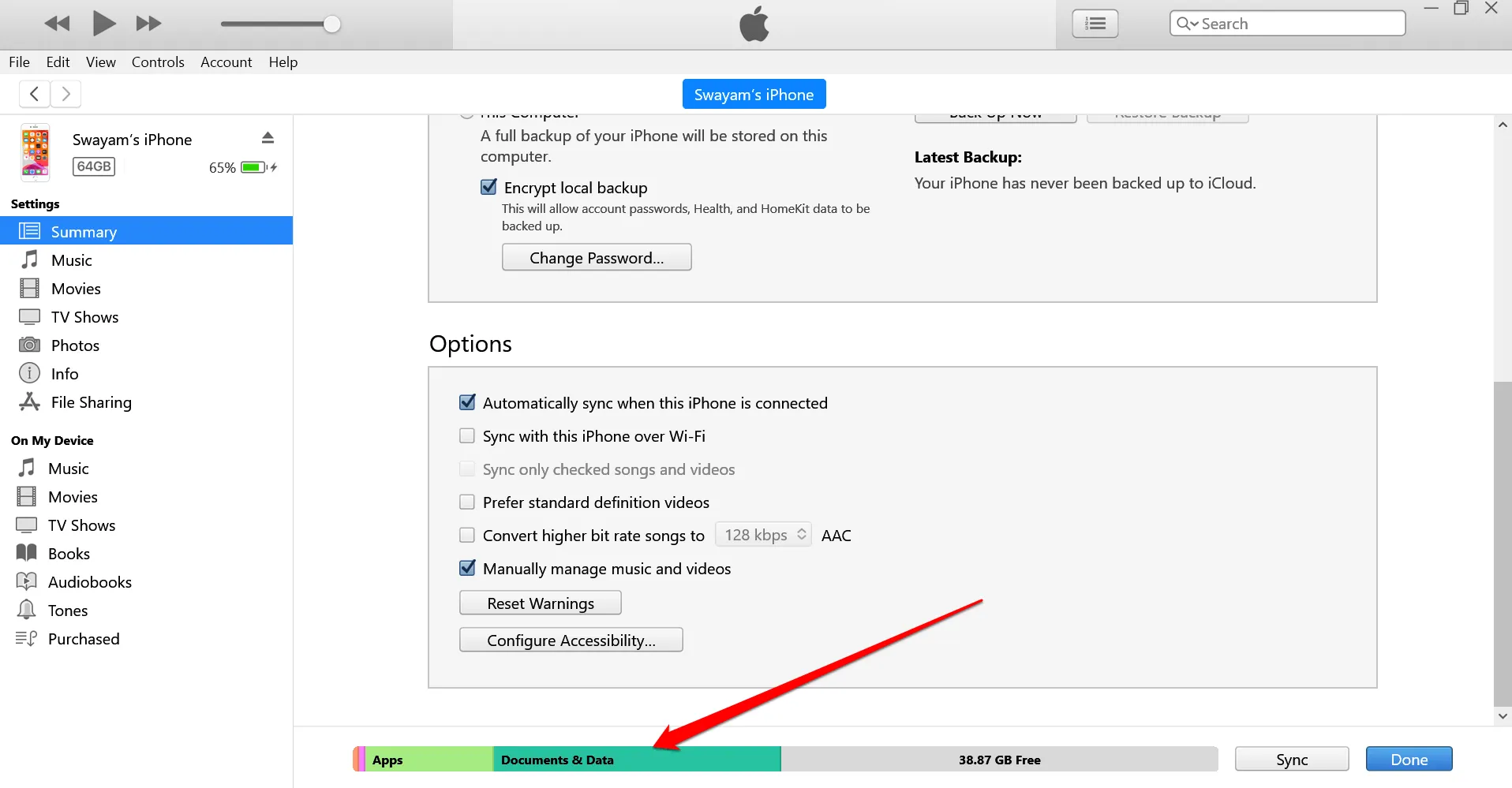 verifique o armazenamento do iPhone usando o iTunes