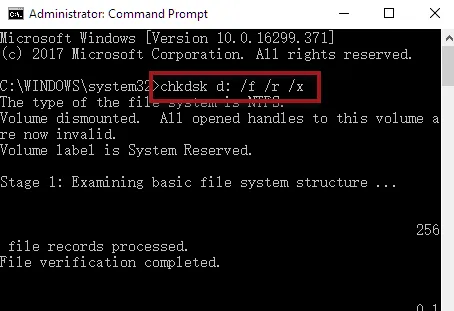chkdsk C:/f/r/x
