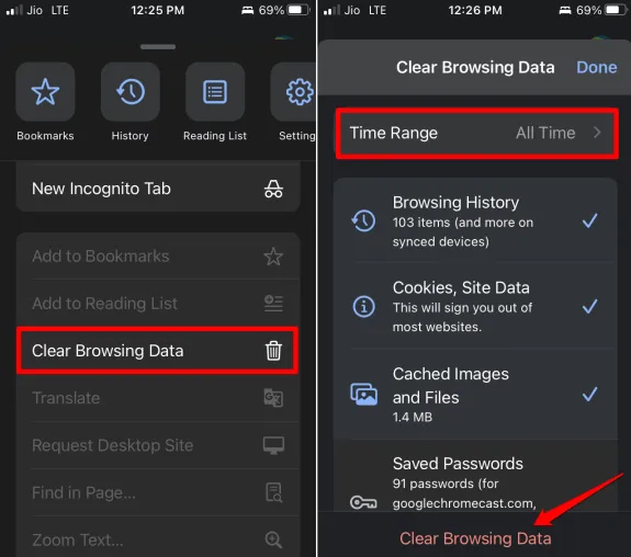 cancellare i dati di navigazione sull'app del browser Chrome per iOS