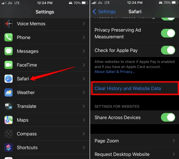 cancellare i dati di navigazione sul browser Safari iOS