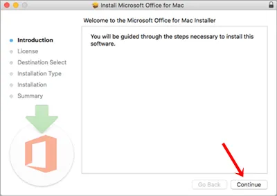 clicca su continua per avviare il processo di installazione ms office su mac